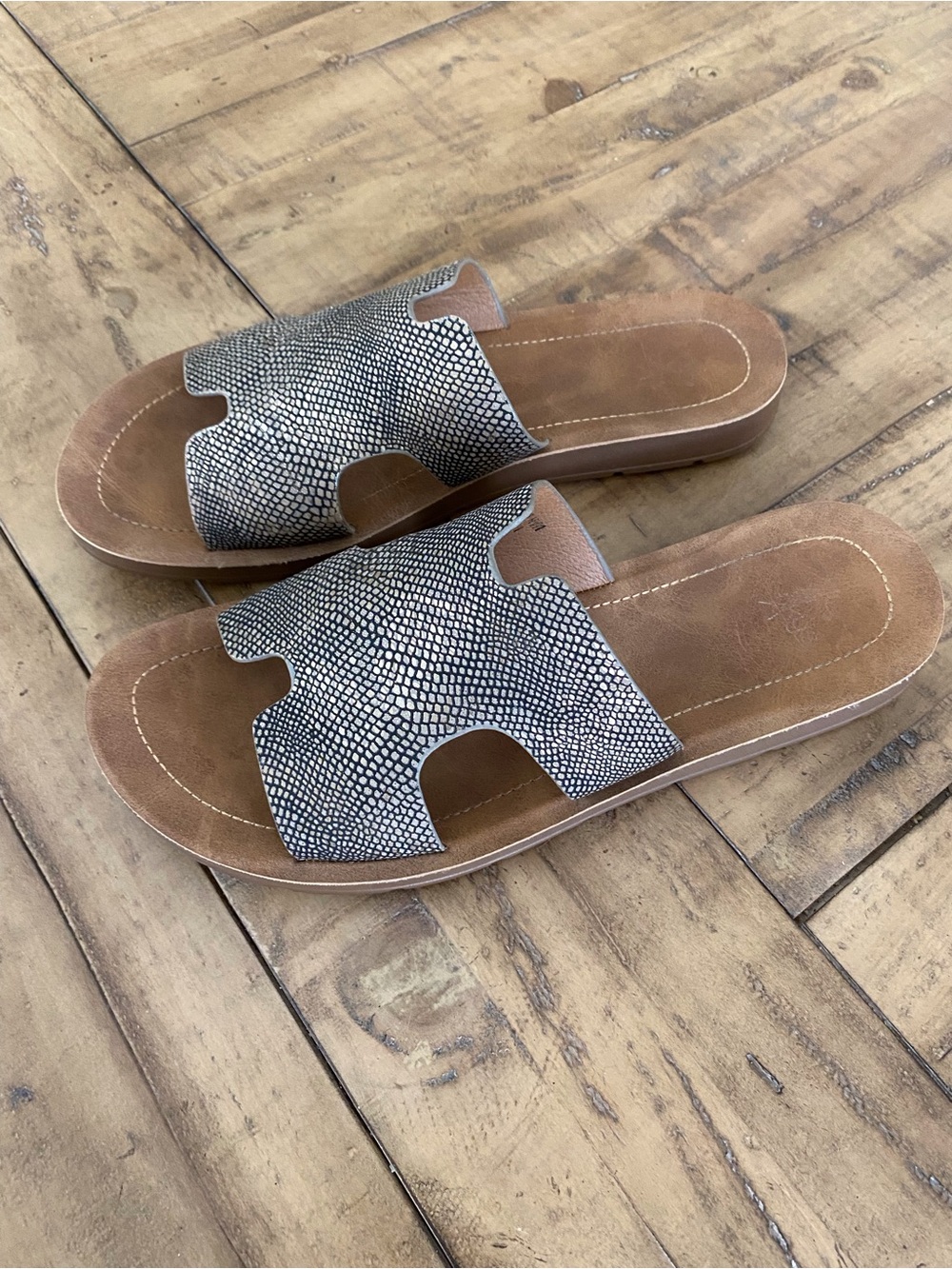 Corkys Slip-On Sandals with Black & Gold Snake-Print Upper